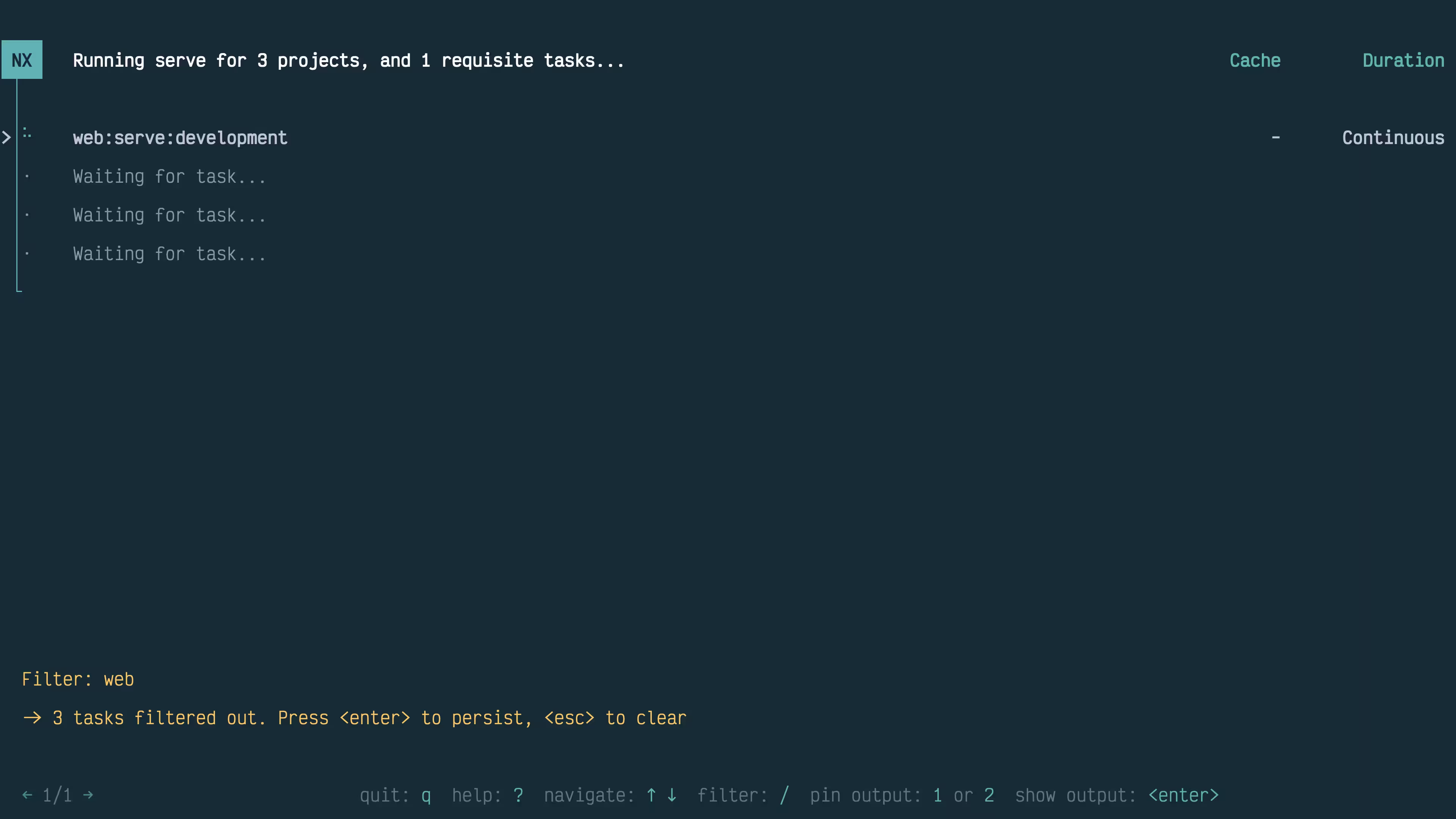 Screenshot of Nx Terminal UI showing how filters reduce the number of tasks visible